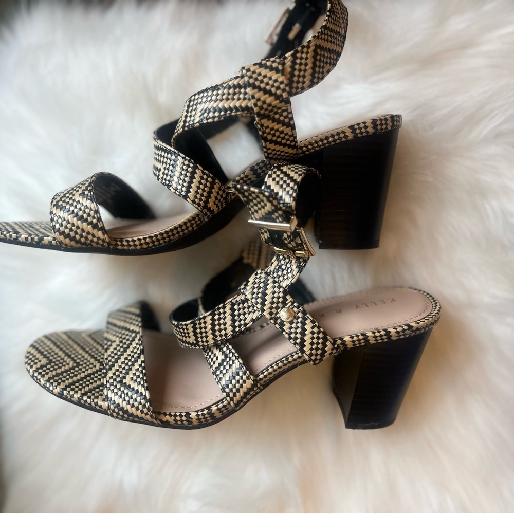 Kelly & Katie Burlap + Straw Heeled Strapped Sandal, Size 7.5, Tan & Black